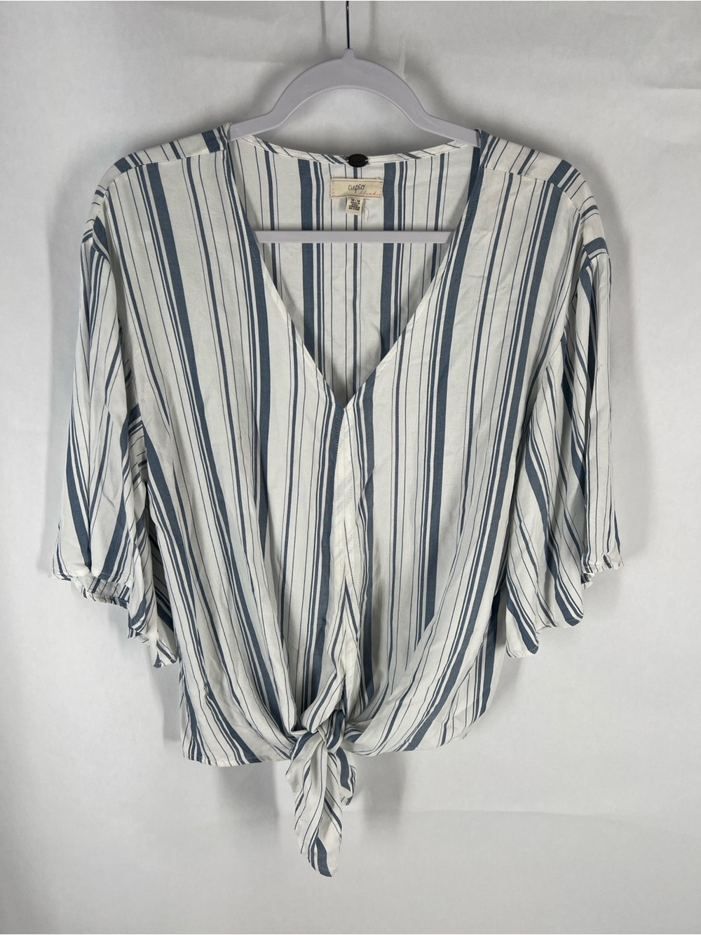 Cupio Blush Blue White Striped Tie Front Flutter Sleeve Blouse M